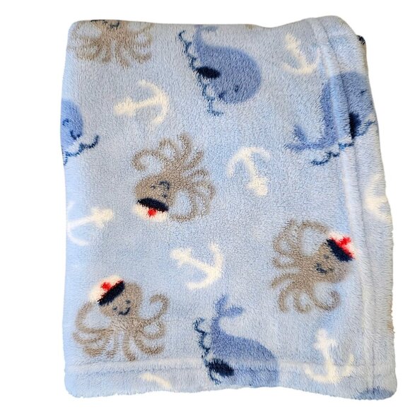 Parents Choice Walmart Blue Baby Blanket Octopus Sailor Hat Captain Whale Anchor - Picture 5 of 5